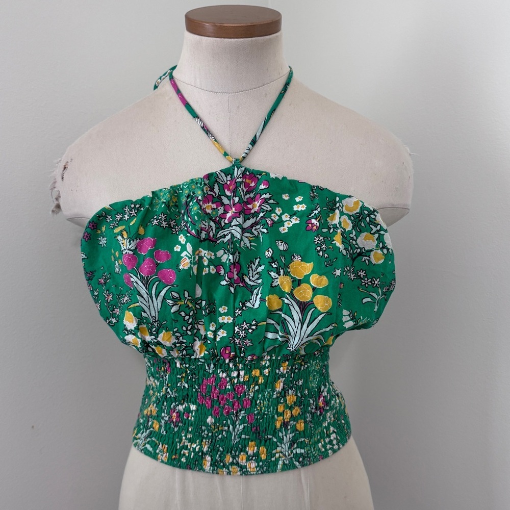 Maeve‎ Small Green Floral Woven Halter Top ~ Smocked Cropped Garden Anthro